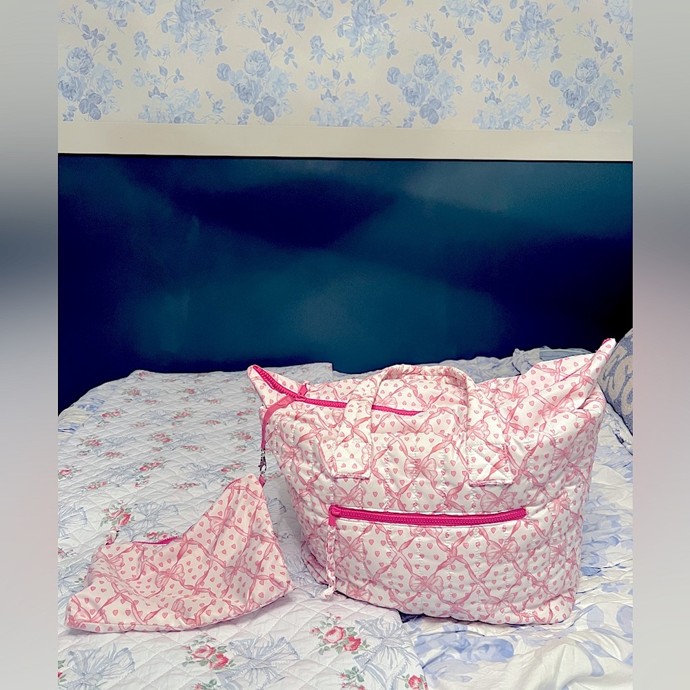 LoveShackFancy x Roller Rabbit Large pink bows Tote Bag with Zipper Pouch